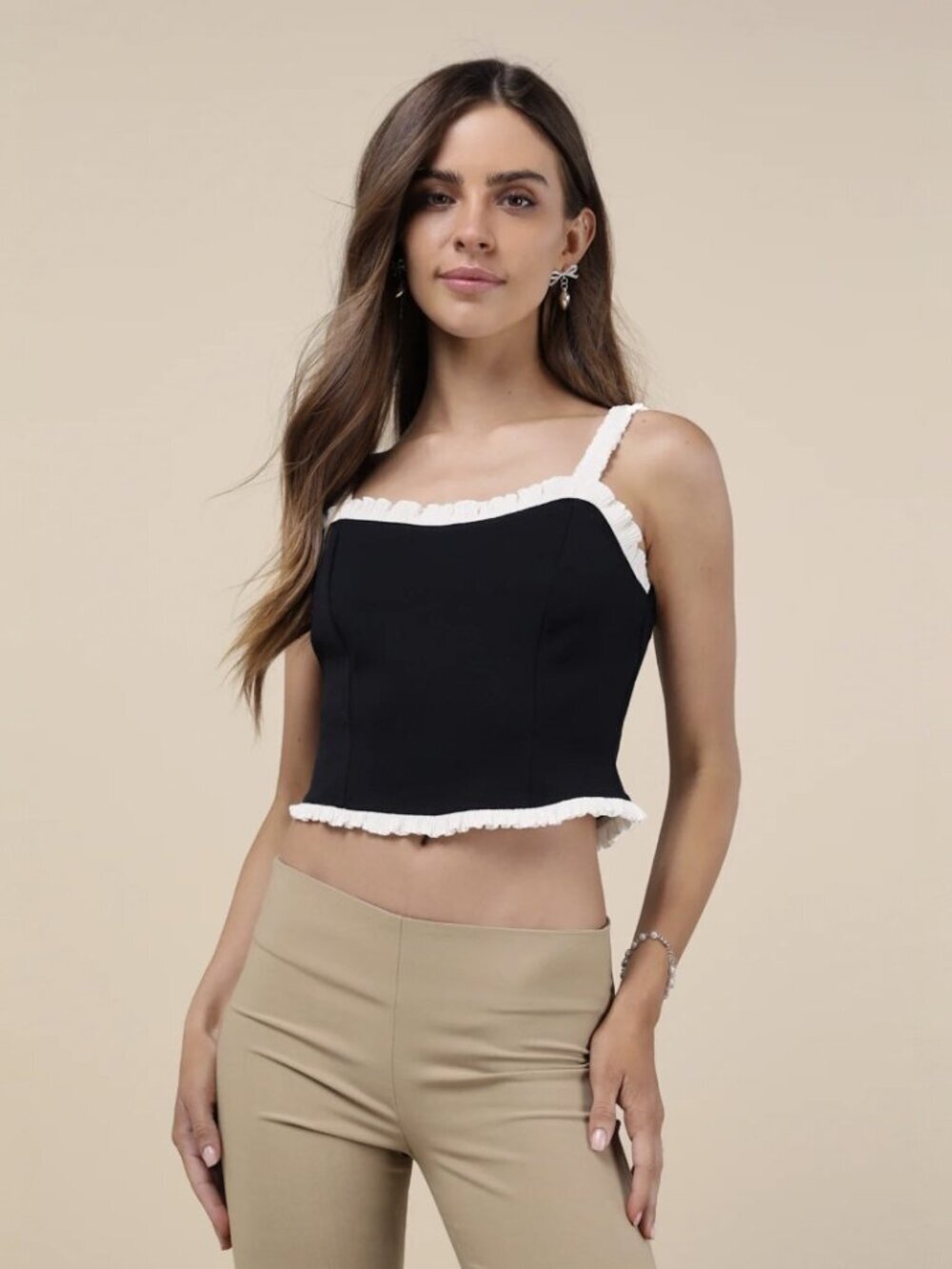 Lulus Coquette Charisma Black and White Ruffled Tie-Back Crop Top NWT - Picture 2 of 8